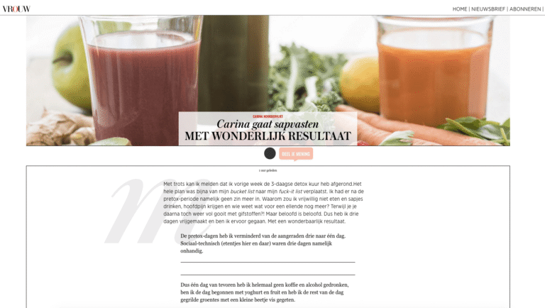 Carina telegraaf vrouw detoxuur review sapje